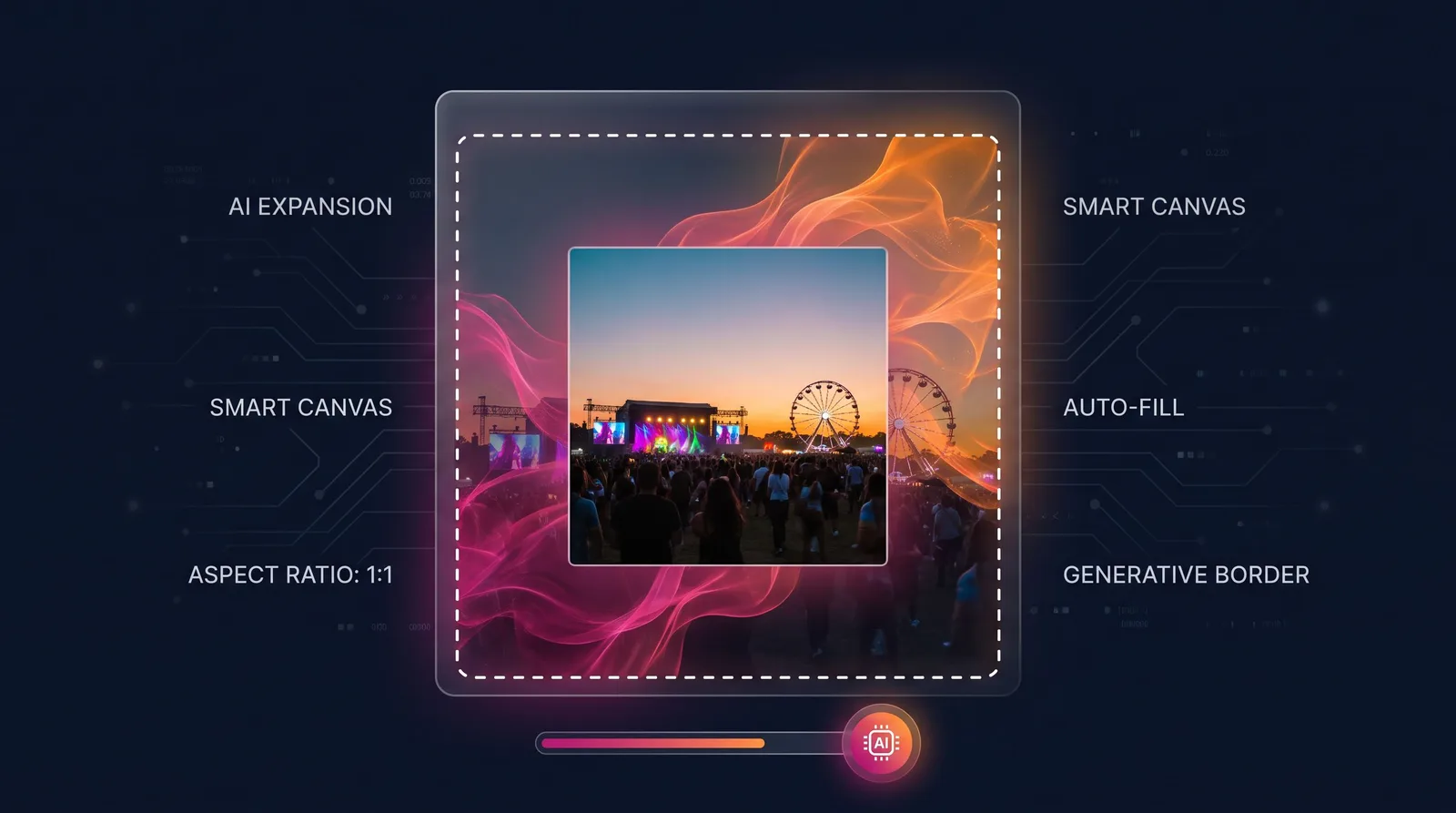AI Canvas Expansion outpainting a landscape image into a square social format
